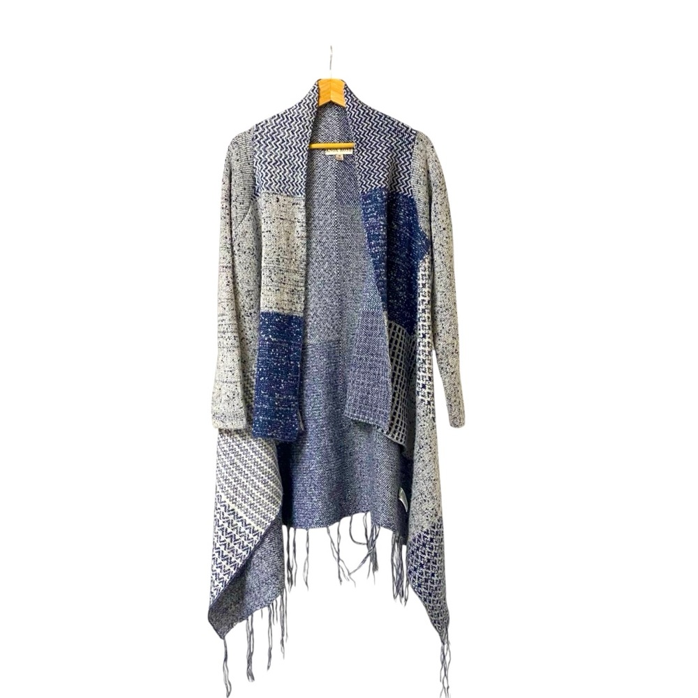 Knox Rose blue gray print oversized boho fringe waterfall open cardigan wrap M
